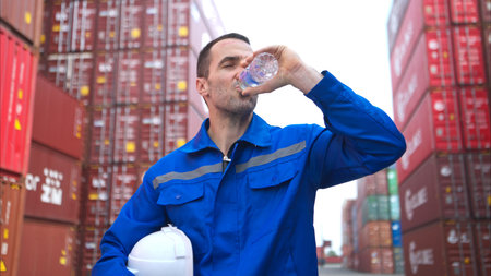 Container warehouse worker drinks water during break hours in the bright sunlight and hot weather of...
