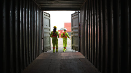 Engineers and technicians inspect the inside of containers and order repairs at the container...