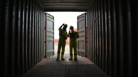 Engineers and technicians inspect the inside of containers and order repairs at the container manufacturing and storage siteの写真素材