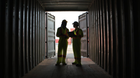 Engineers and technicians inspect the inside of containers and order repairs at the container manufacturing and storage siteの写真素材