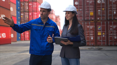 Container manufacturing manager and businesswomen survey the area to plan the storage and moving of...
