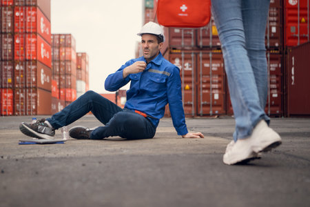 First aid for a container warehouse worker fainted while working in the bright sunlight and hot weather of a container storage yardの写真素材