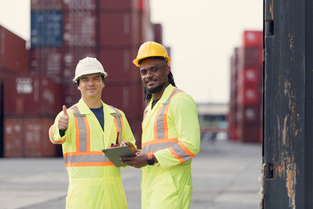 Engineers and technicians supervise and inspect the delivery of containers at container manufacturing and storage siteの写真素材