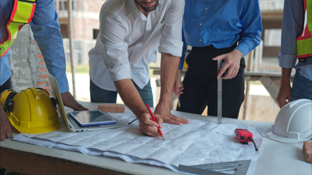 Group of architects and engineers work together to assess the residential home construction site's...