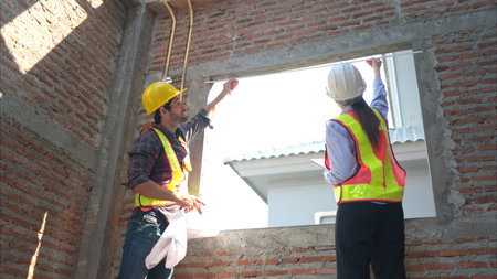 Architects and engineers work together to assess the residential home construction site's progress