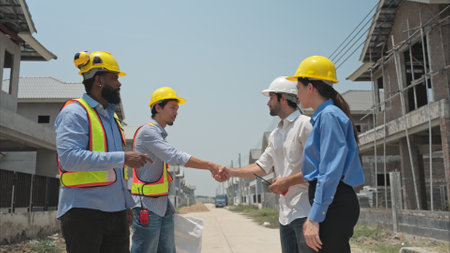 Group of architects and engineers work together to assess the residential home construction site's progressの写真素材