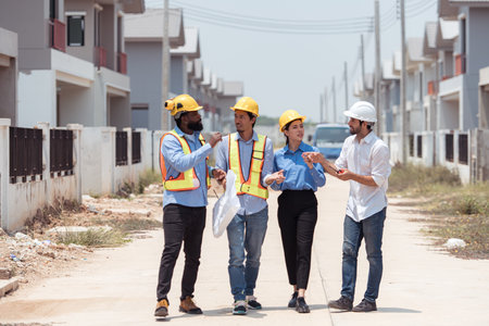Group of architects and engineers work together to assess the residential home construction site's progressの写真素材