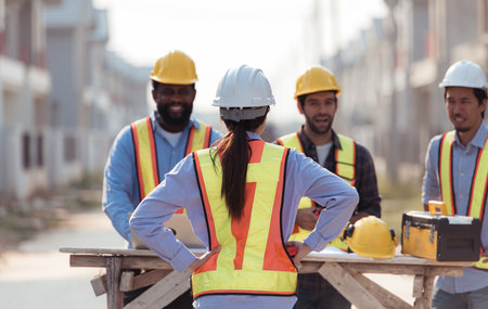 Group of architects and engineers work together to assess the residential home construction site's progressの写真素材