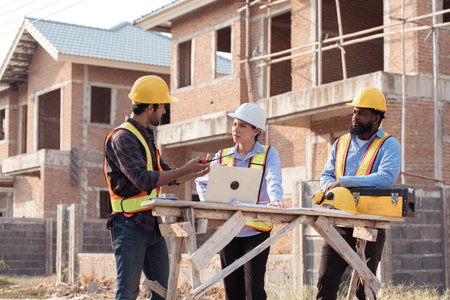 Group of architects and engineers work together to assess the residential home construction site'sの写真素材