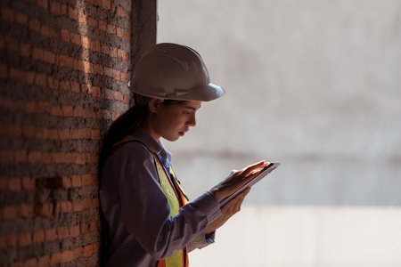 Portrait of engineers inspect and assess the residential home construction site's progressの写真素材
