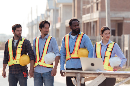 Portrait of engineers work together to assess the residential home construction site's progress