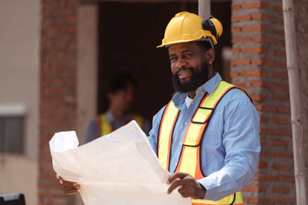 Portrait of engineers work together to assess the residential home construction site's progressの写真素材