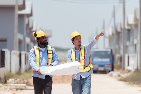 Architects and engineers work together to assess the residential home construction site's progressの写真素材