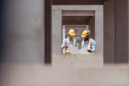 Architects and engineers work together to assess the residential home construction site's progressの写真素材
