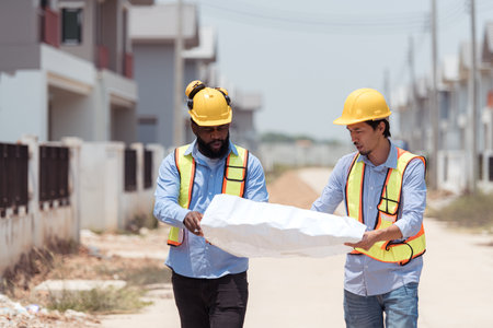 Architects and engineers work together to assess the residential home construction site's progressの写真素材