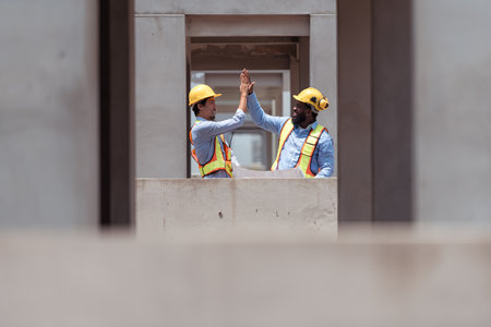 Architects and engineers work together to assess the residential home construction site's progressの写真素材