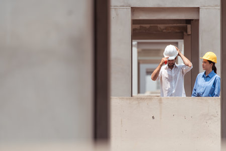 Architects and engineers work together to assess the residential home construction site's progressの写真素材