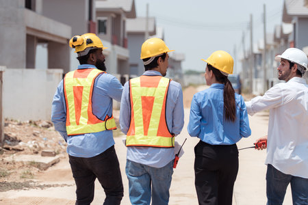 Group of architects and engineers work together to assess the residential home construction site's progressの写真素材