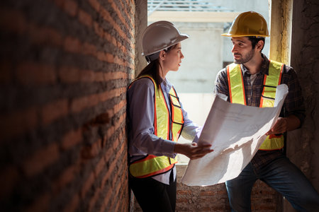 Architects and engineers work together to assess the residential home construction site's progress