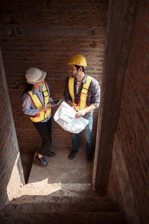 Architects and engineers work together to assess the residential home construction site's progress