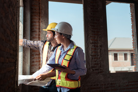 Architects and engineers work together to assess the residential home construction site's progressの写真素材