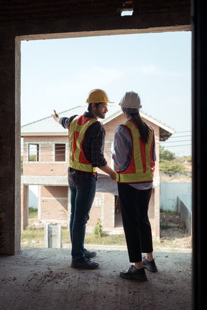 Architects and engineers work together to assess the residential home construction site's progressの写真素材