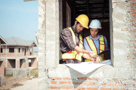 Architects and engineers work together to assess the residential home construction site's progressの写真素材