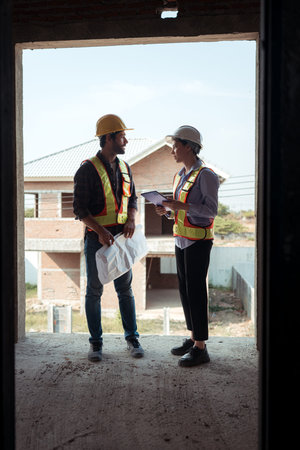 Architects and engineers work together to assess the residential home construction site's progress