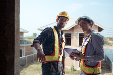Architects and engineers work together to assess the residential home construction site's progressの写真素材