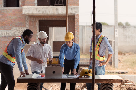 Group of architects and engineers work together to assess the residential home construction site's progressの写真素材