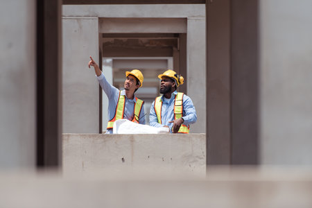 Architects and engineers work together to assess the residential home construction site's progressの写真素材