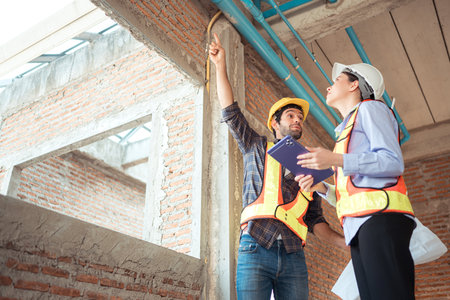 Architects and engineers work together to assess the residential home construction site's progressの写真素材