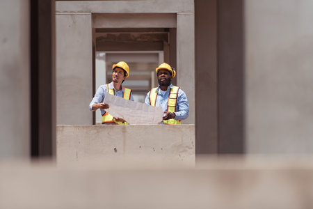 Architects and engineers work together to assess the residential home construction site's progressの写真素材