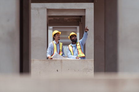 Architects and engineers work together to assess the residential home construction site's progressの写真素材