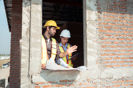 Architects and engineers work together to assess the residential home construction site's progress