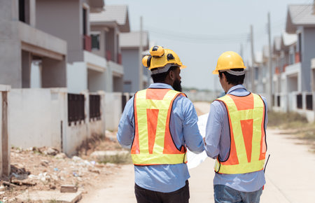 Architects and engineers work together to assess the residential home construction site's progressの写真素材