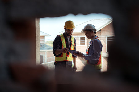 Architects and engineers work together to assess the residential home construction site's progressの写真素材