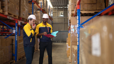Two warehouse workers are reviewing the list of items based on the documentationの写真素材