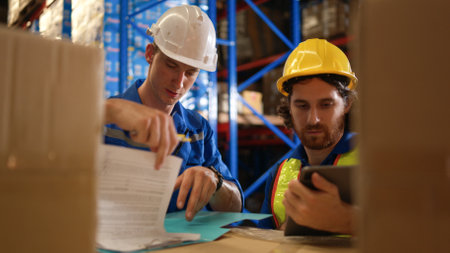A bunch of warehouse workers are reviewing the list of items based on the documentationの写真素材