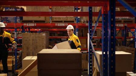 Two warehouse workers are lifting boxes of merchandise on a pallet jack to store on a shelf in a warehouseの写真素材