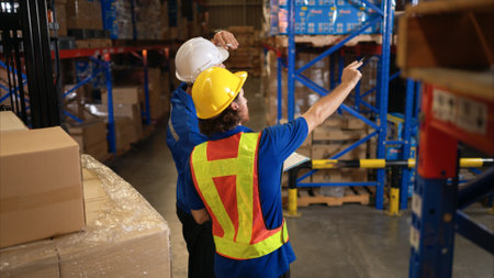 A bunch of warehouse workers are reviewing the list of items based on the documentationの写真素材