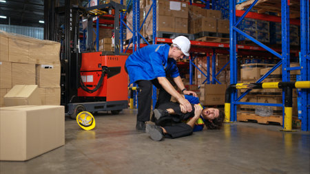 A group of warehouse workers were involved in an accident while on duty, Coworkers offered assistance and first aidの写真素材