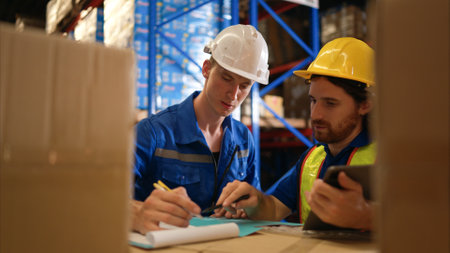 A bunch of warehouse workers are reviewing the list of items based on the documentationの写真素材