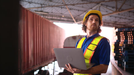 Warehouse workers are reviewing the list of items based on the documentationの写真素材