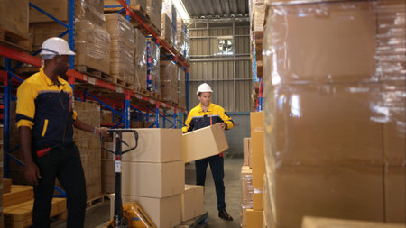 Two warehouse workers are lifting boxes of merchandise on a pallet jack to store on a shelf in a warehouseの写真素材
