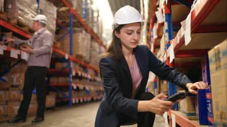 Business woman and warehouse workers are reviewing the list of items based on the documentationの写真素材