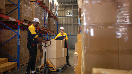 Two warehouse workers are lifting boxes of merchandise on a pallet jack to store on a shelf in a warehouseの写真素材