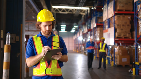 Portrait of warehouse workers are reviewing the list of items based on the documentationの写真素材