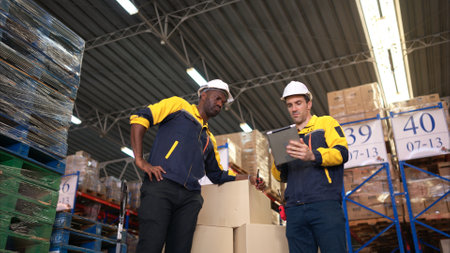 Two warehouse workers are reviewing the list of items based on the documentationの写真素材