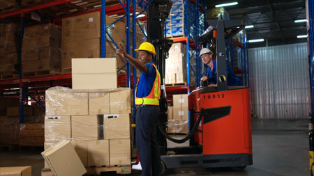 Two warehouse workers are working together in a warehouse, one is operating a forklift while the other is assisting.の写真素材